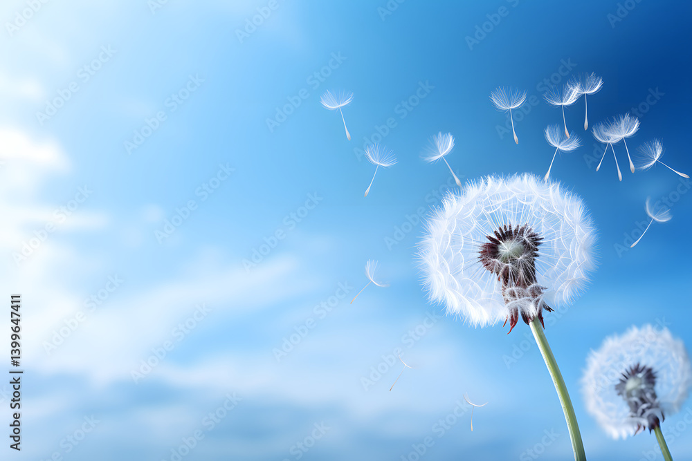 Fototapeta premium Dandelion seeds floating in the breeze under a bright blue sky during a sunny afternoon