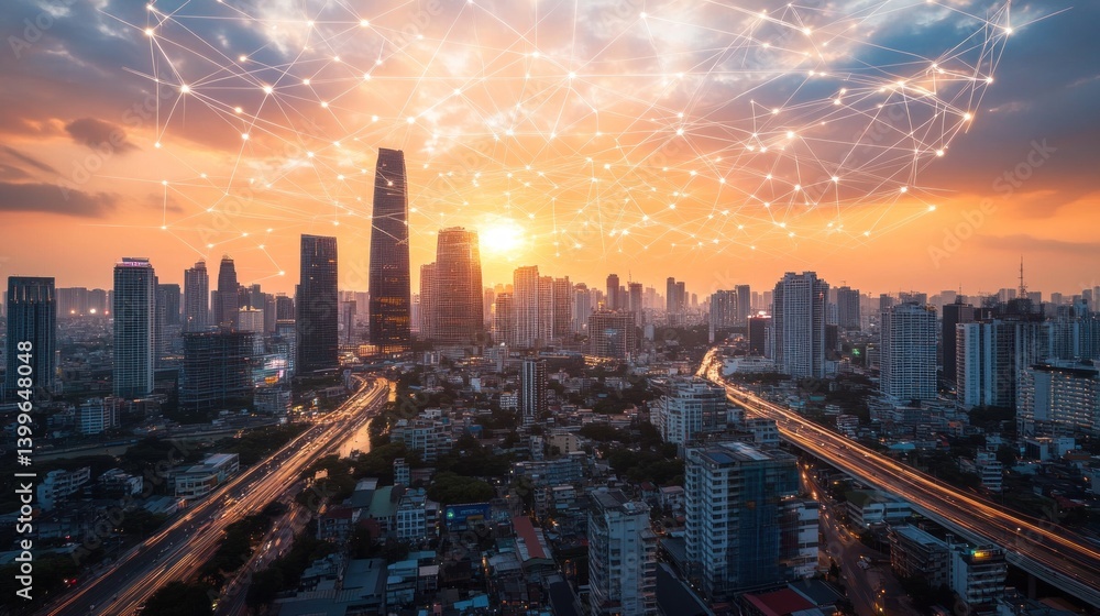 Fototapeta premium A futuristic city skyline symbolizing economic growth, bustling with trade and innovation, --ar 16:9 --v 6.1 Job ID: 286b4f1e-4b7a-4994-8821-c6ce97b43fb9