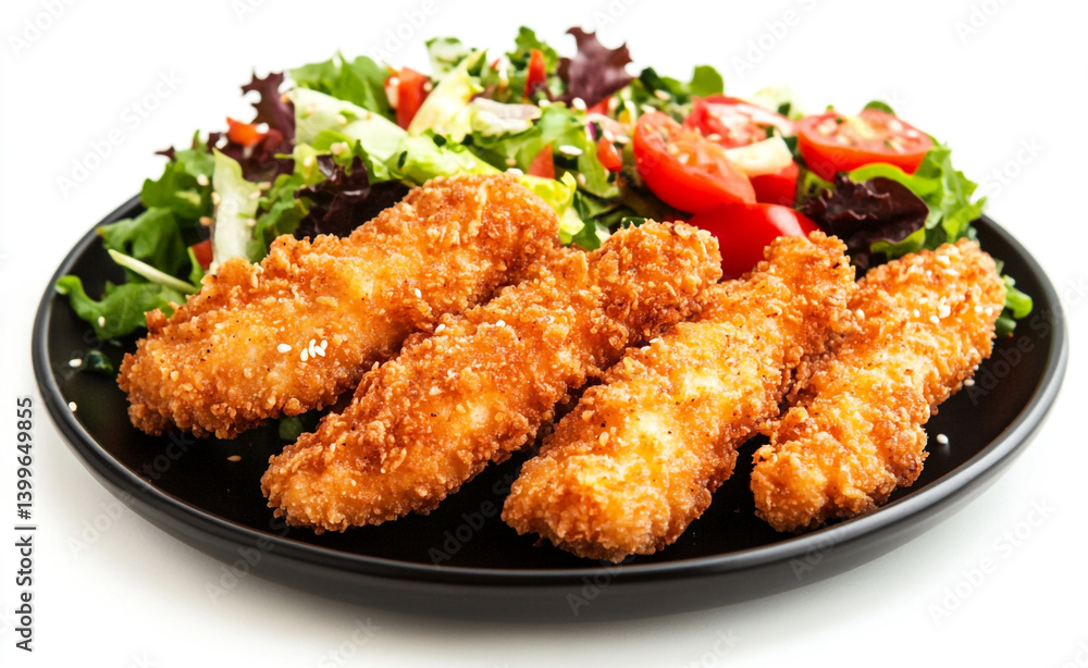 Fototapeta premium Crispy Chicken Tenders on Fresh Garden Salad – Healthy and Tasty Meal Option