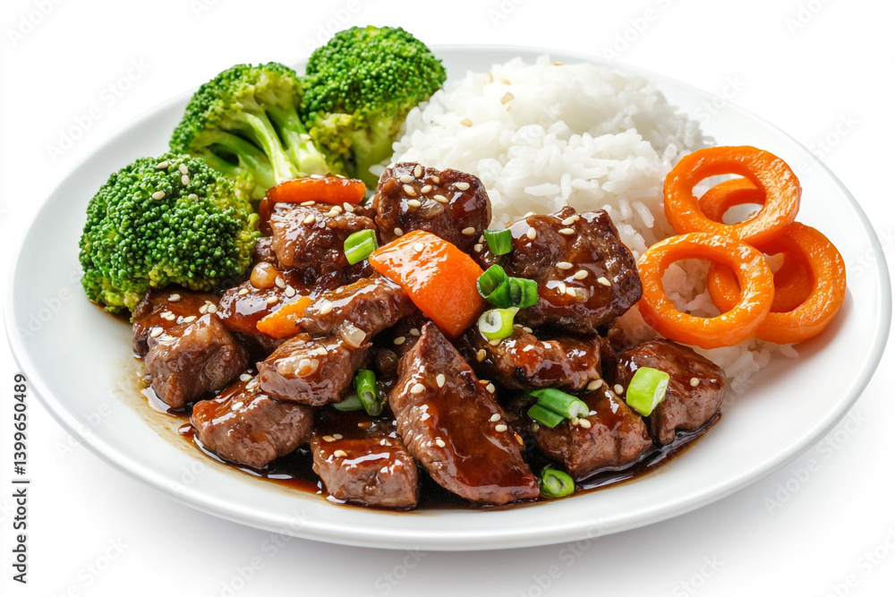 Delicious Teriyaki Beef with Rice, Broccoli, and Onion Rings – Perfect Asian-Inspired Meal Delicious Teriyaki Beef with Rice, Broccoli, and Onion Rings – Perfect Asian-Inspired Meal