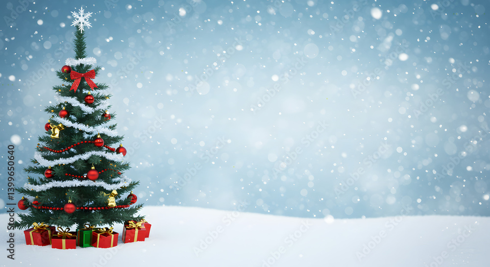 A snow covered landscape features a richly decorated A snow covered landscape features a richly decorated