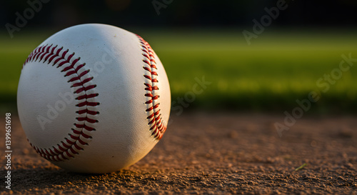 Close up of a white baseball with red stitching