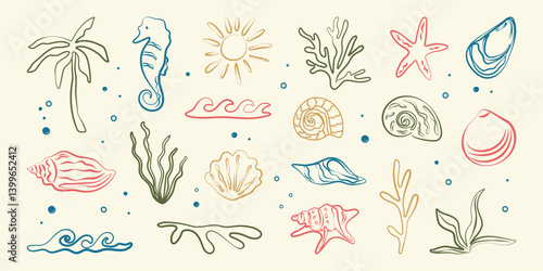Boho summer set. Naive geometric palm tree, seashells, sun sea, wave, corals, marine icon. Tropical retro groovy surf club, summer beach background. Hand draw hawaiian isolated vector illustration.