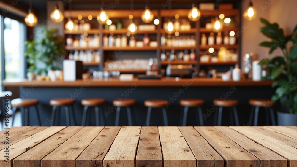 Rustic wooden table with blurred bar scene hanging lights and greenery create a warm inviting ambiance Rustic wooden table with blurred bar scene hanging lights and greenery create a warm inviting ambiance
