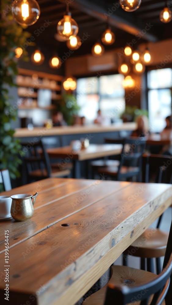 Rustic wooden table with blurred bar scene hanging lights and greenery create a warm inviting ambiance Rustic wooden table with blurred bar scene hanging lights and greenery create a warm inviting ambiance