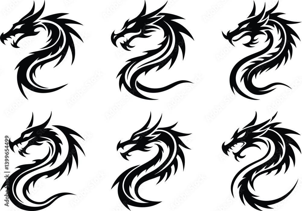 Naklejka premium Chinese dragon silhouette set