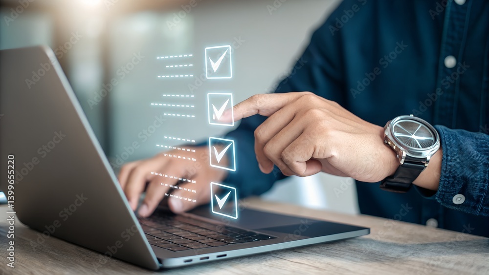 Quality Assurance and Document Control with Checklist Icons. Businessman mark off items on digital checklist, representing quality assurance and document control processes, verification and compliance Quality Assurance and Document Control with Checklist Icons. Businessman mark off items on digital checklist, representing quality assurance and document control processes, verification and compliance