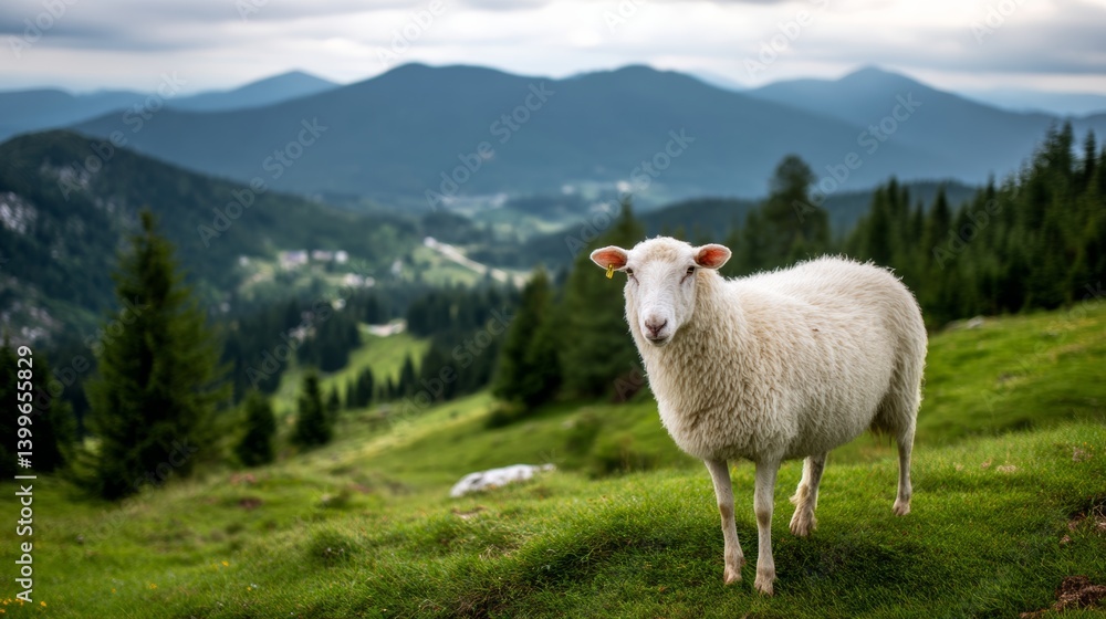 Fototapeta premium White sheep stands in a grassy field with mountains in the background. The sheep is looking to the right