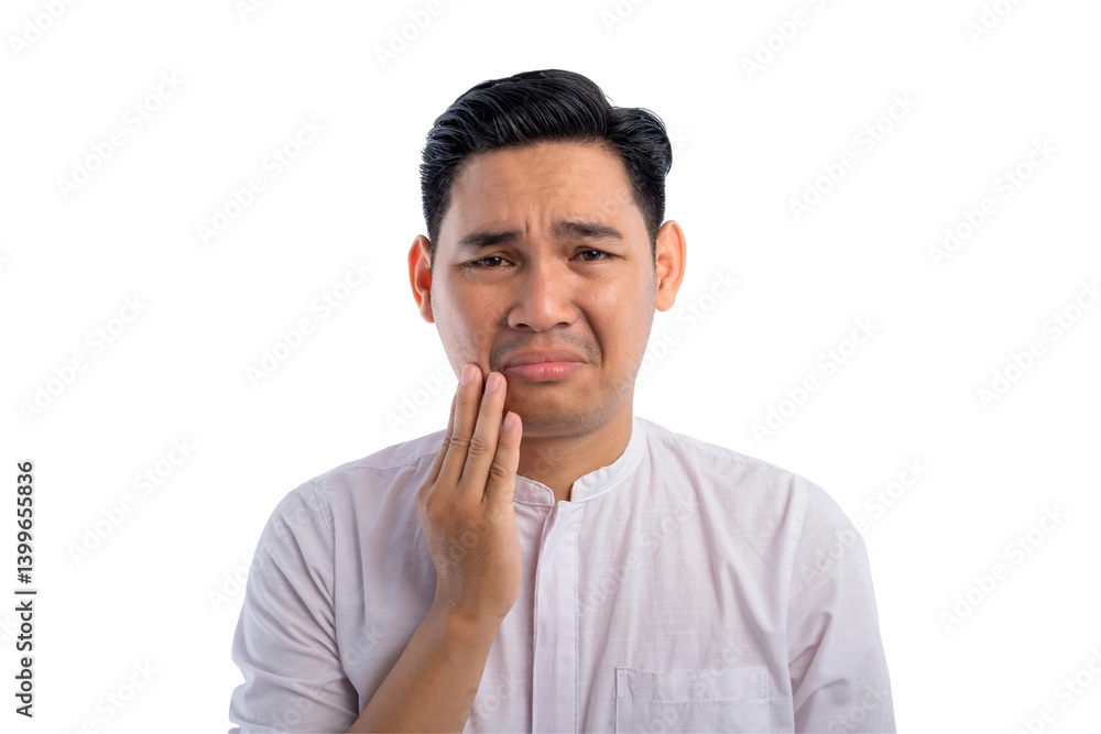 Unhealthy Asian Muslim man suffering from acute toothache, touching cheek with painful expression isolated on transparent background Unhealthy Asian Muslim man suffering from acute toothache, touching cheek with painful expression isolated on transparent background
