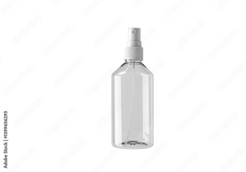 A horizontally floating empty spray bottle on solid white background A horizontally floating empty spray bottle on solid white background