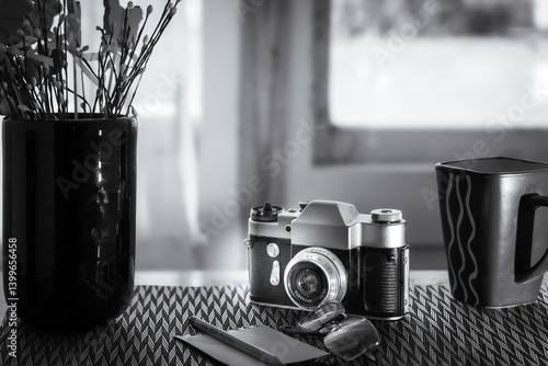 Black and White Still Life of Vintage Camera and Decor Items