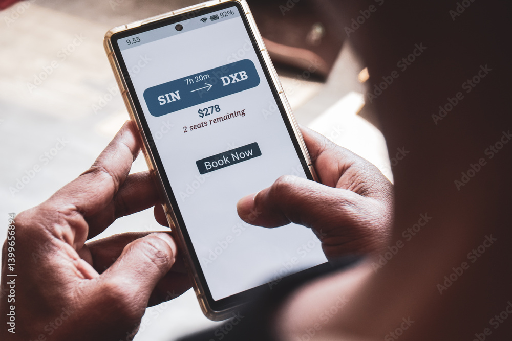 Man using mobile applications to book flight online showing one way ticket price with remaining seats available. Example of FOMO Marketing, urgency or anxiety to purchase immediately. Selective focus. Man using mobile applications to book flight online showing one way ticket price with remaining seats available. Example of FOMO Marketing, urgency or anxiety to purchase immediately. Selective focus.