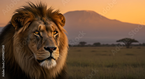 Powerful Lion Portrait in African Savannah at Golden Hour, Majestic Wildlife Photography, King of Beasts in Natural Habitat, African Lion Face