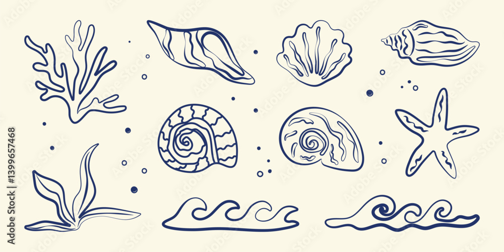 Boho summer set. Naive geometric palm tree, seashells, sun sea, wave, corals, marine icon. Tropical retro groovy surf club. Flat summer beach background. Hand draw hawaiian isolated vector illustratio Boho summer set. Naive geometric palm tree, seashells, sun sea, wave, corals, marine icon. Tropical retro groovy surf club. Flat summer beach background. Hand draw hawaiian isolated vector illustratio