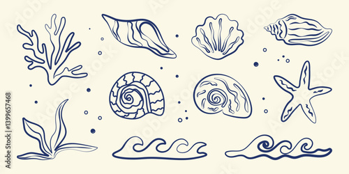 Boho summer set. Naive geometric palm tree, seashells, sun sea, wave, corals, marine icon. Tropical retro groovy surf club. Flat summer beach background. Hand draw hawaiian isolated vector illustratio