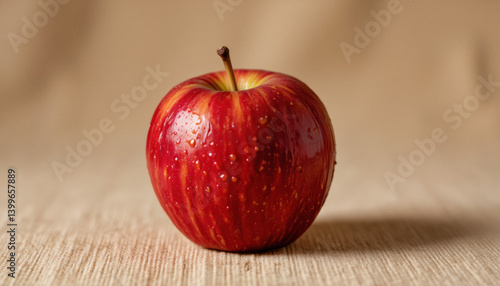 Everyday objects - for downstream advertisement and design: A single, vibrant red apple with water droplets rests on a textured wooden surface against a blurred, warm-toned background.