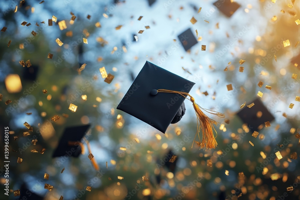 Graduation caps are thrown in the air with golden confetti falling down. It represents educational achievement and the excitement of the future.