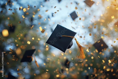 Obraz na płótnie Graduation caps are thrown in the air with golden confetti falling down. It represents educational achievement and the excitement of the future. w salonie