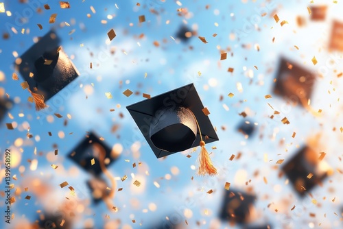 Graduation caps are tossed with gold confetti against a blue sky. A perfect image for school events and academic achievements.