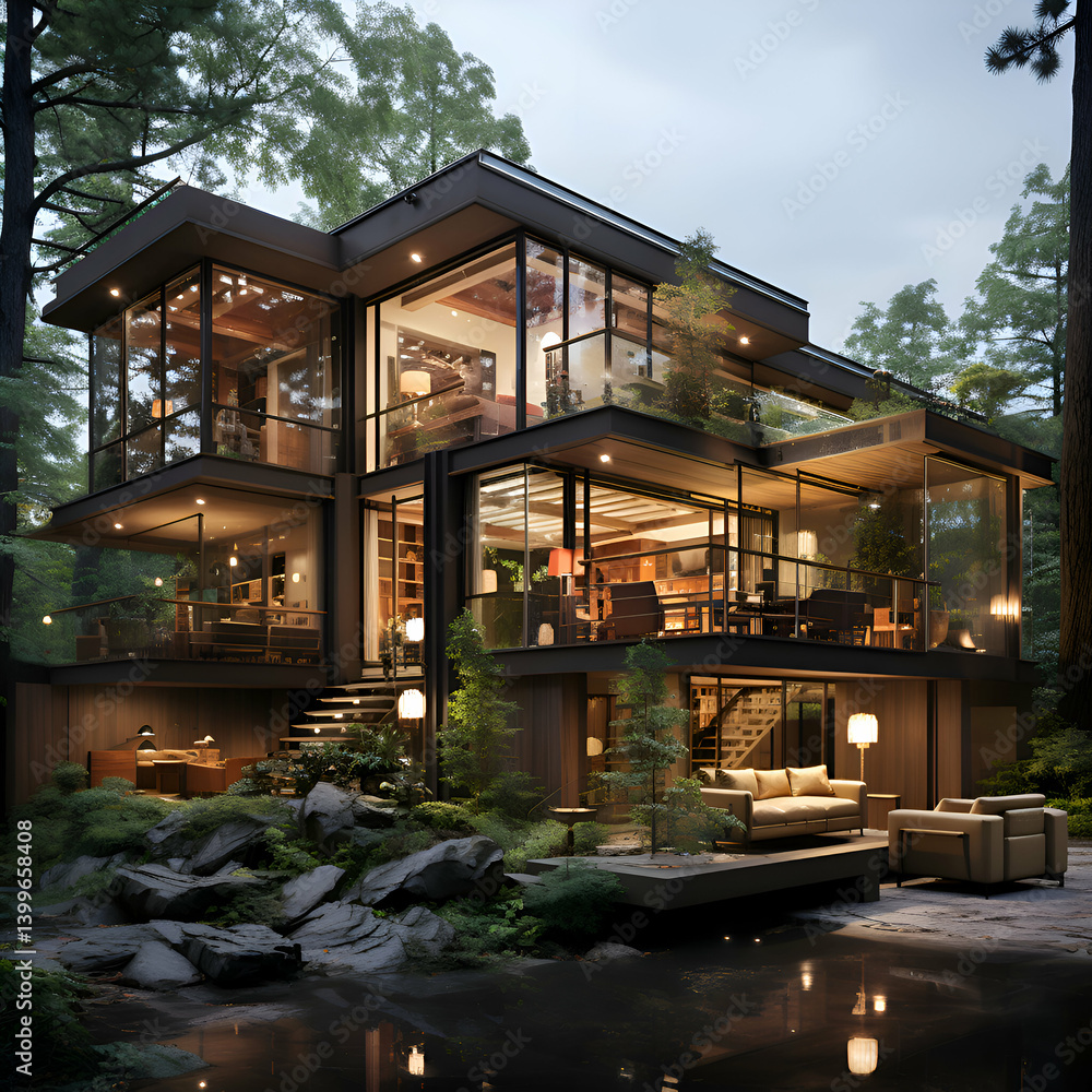 Obraz premium Luxury Modern Glass House in the Forest at Night