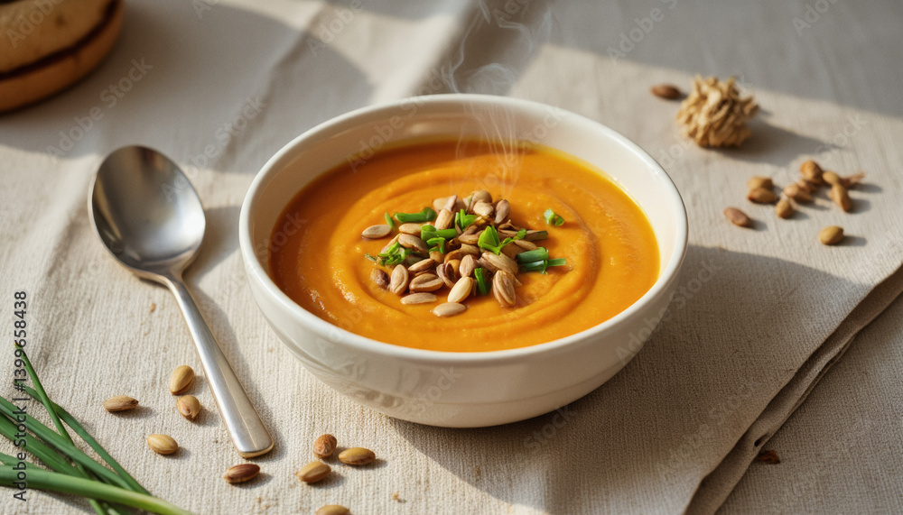 Everyday objects - for downstream advertisement and design: A steaming bowl of vibrant orange pumpkin soup, garnished with chives and pumpkin seeds, sits on a rustic linen cloth with a spoon and sca Everyday objects - for downstream advertisement and design: A steaming bowl of vibrant orange pumpkin soup, garnished with chives and pumpkin seeds, sits on a rustic linen cloth with a spoon and sca