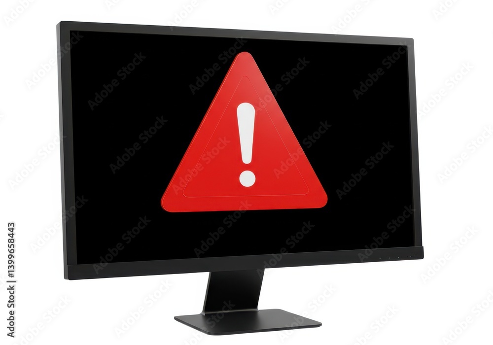 Computer screen displaying a red warning sign with exclamation point Computer screen displaying a red warning sign with exclamation point