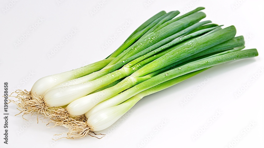 Fresh Green Onions with Roots on a Clean White Background Fresh Green Onions with Roots on a Clean White Background