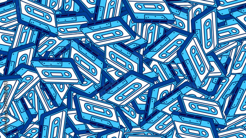 Old magnetic tape audio cassettes piled up in big heap of analog audio. Musical audiocassette piled up in big heap. Vector banner for advertising of music party, retro disco or 1970s artistic concert