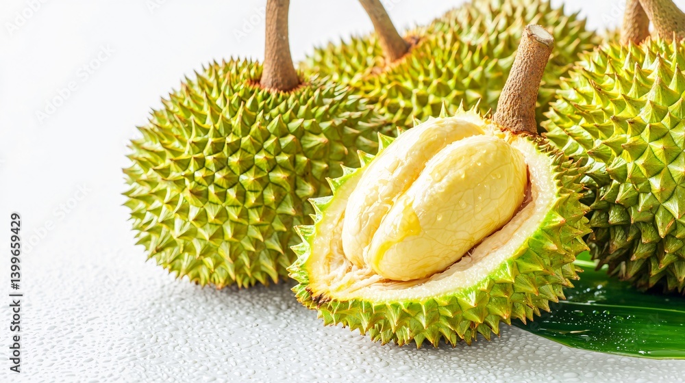 Obraz premium Fresh Durian Fruit with Spiky Shell and Yellow Creamy Flesh Close Up