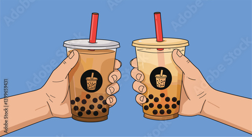 Hands holding bubble tea cups with tapioca pearls for cheers against blue background