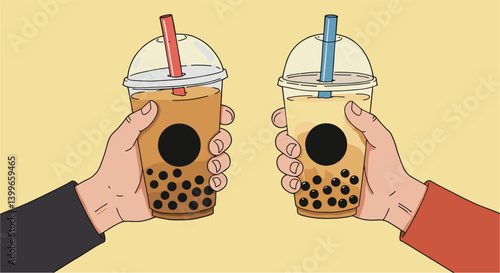 Hands holding bubble tea cups with tapioca pearls for cheers against pastel yellow background