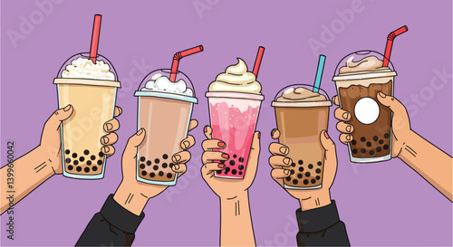 Hands holding bubble tea cups with tapioca pearls