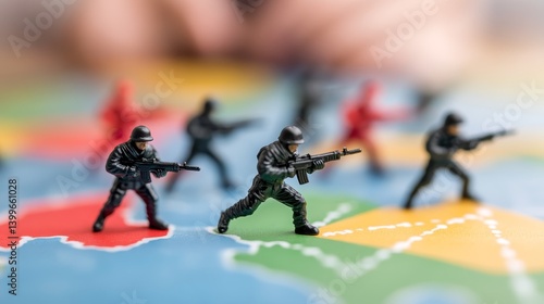 Miniature soldiers engage in strategic gameplay on a colorful board in an indoor setting with a blurred background