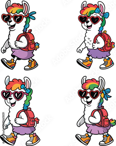 Cute and Funny Cartoon Llama Back to School Character Clipart Vector Set