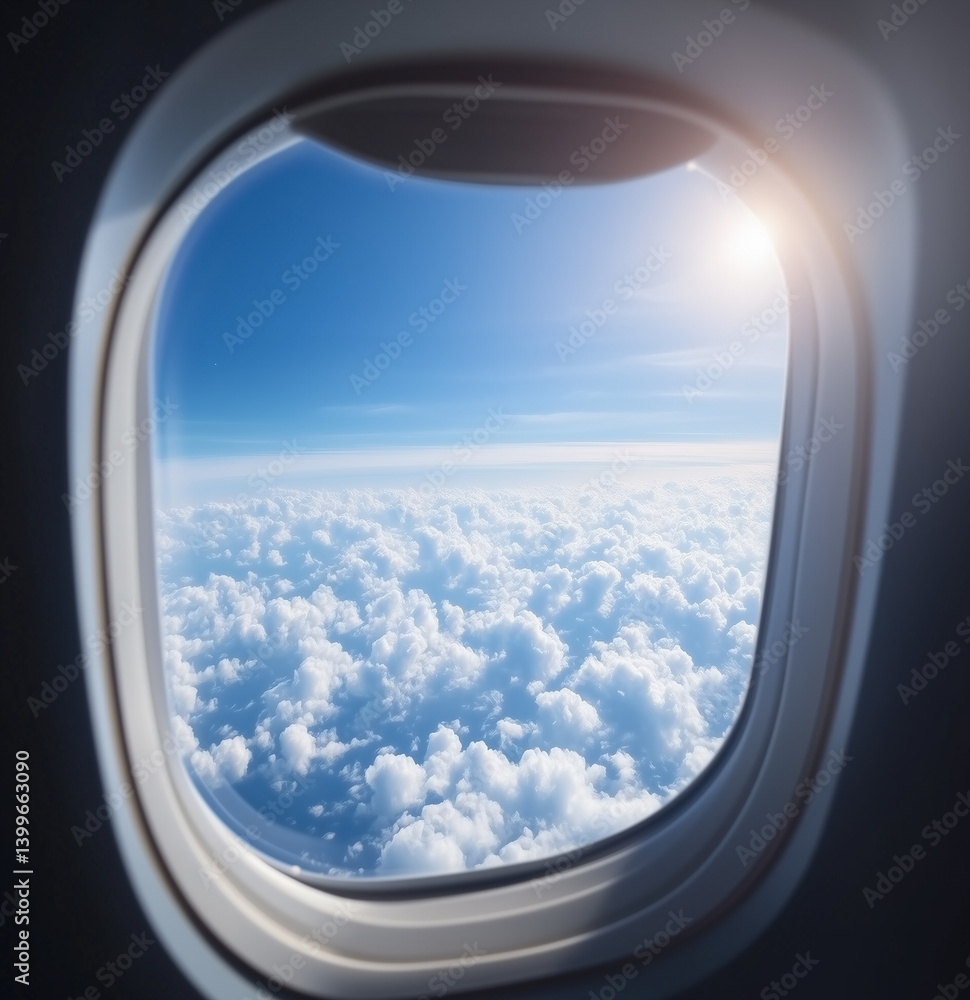 Airplane window view with blue sky and fluffy white clouds Airplane window view with blue sky and fluffy white clouds
