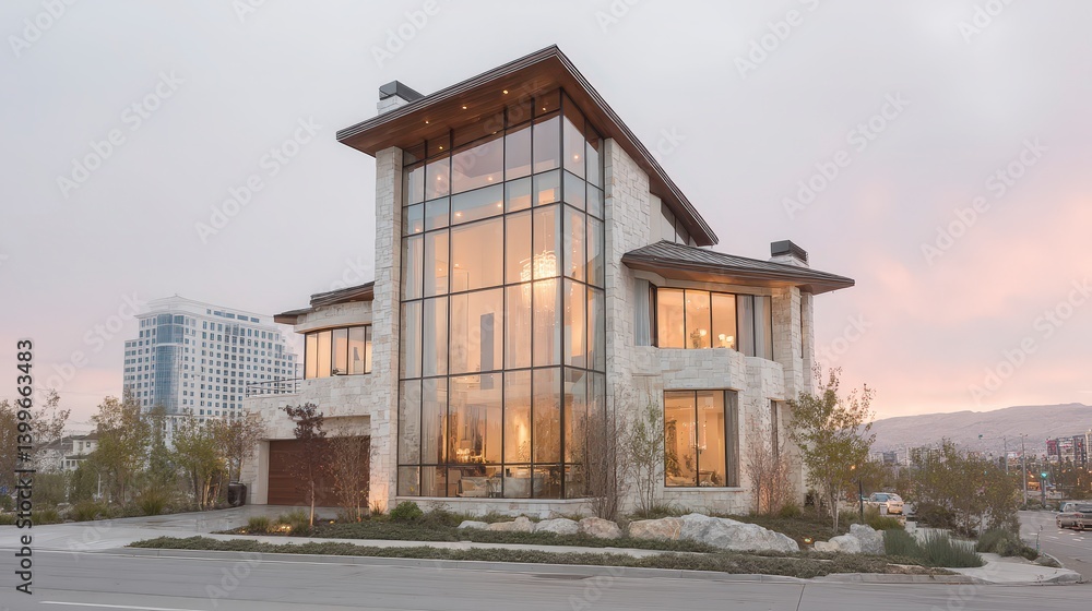 Modern Luxury Home Exterior Stone Facade Large Windows Courtyard Modern Luxury Home Exterior Stone Facade Large Windows Courtyard