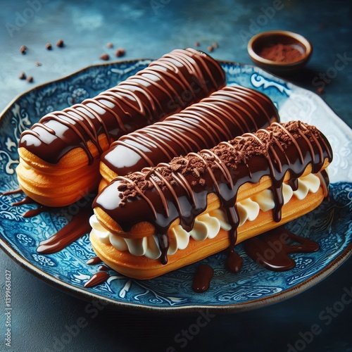 Eclairs on French Blue Cream filled eclairs drizzled with chocol
