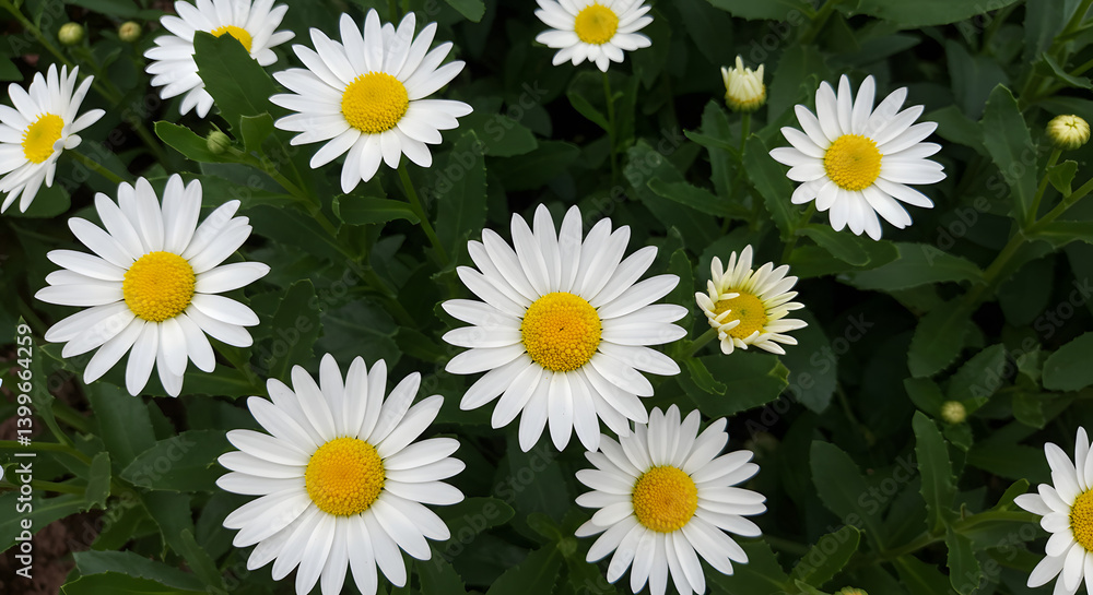 A close up scene of white daisies with bright yellow pollen centers A close up scene of white daisies with bright yellow pollen centers