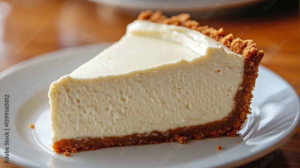 Serving of Classic Cheesecake with Crumble Crust on White Plate Serving of Classic Cheesecake with Crumble Crust on White Plate