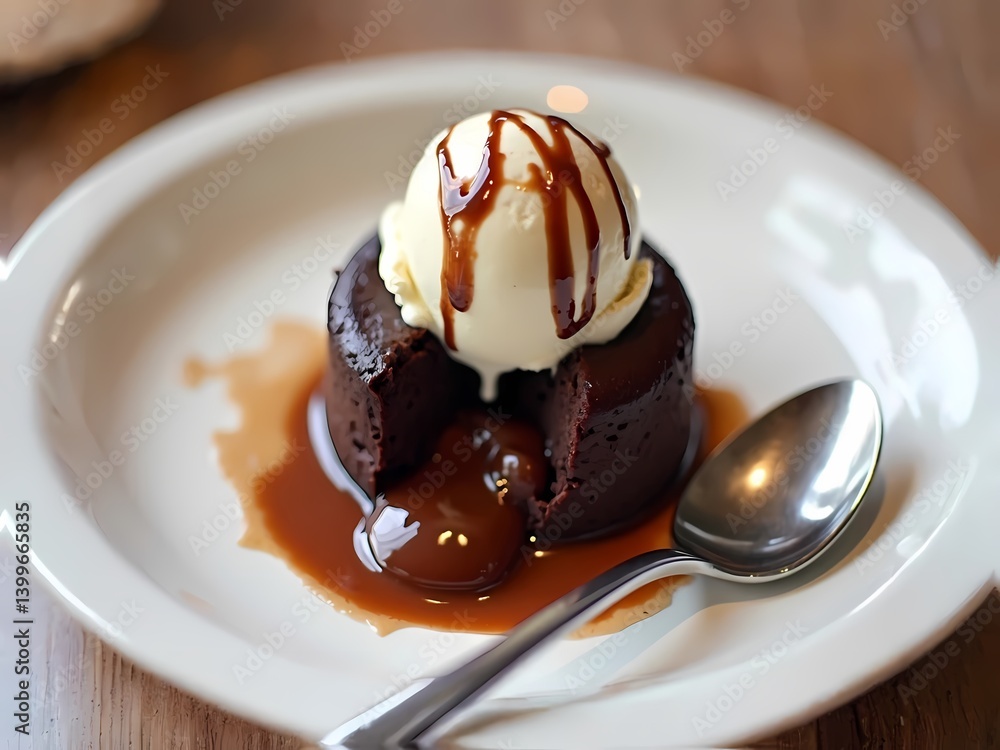 molten chocolate lava cake topped with vanilla ice cream and caramel drizzle