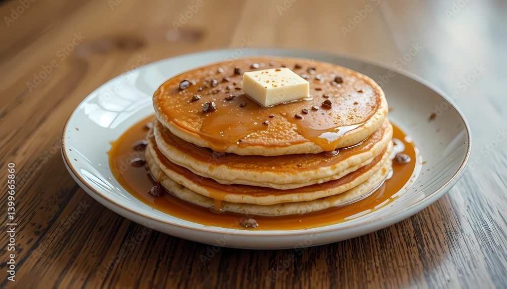 stack of pancakes with butter, syrup, and chocolate chips on wooden table