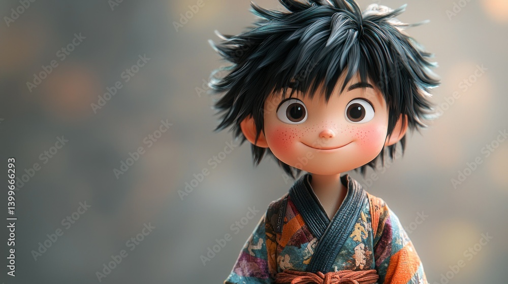 Animated boy in traditional Japanese clothing, thoughtful expression, soft bokeh background Animated boy in traditional Japanese clothing, thoughtful expression, soft bokeh background