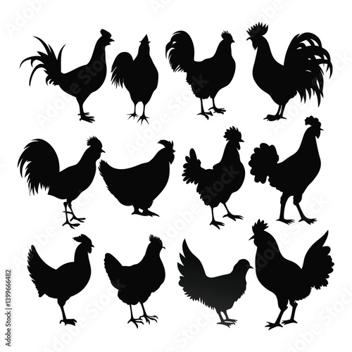 Chicken and Rooster Silhouette Vector Set.