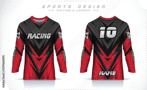 Long sleeve jersey design template, Motocross racing jersey design. Sports uniform front and back view