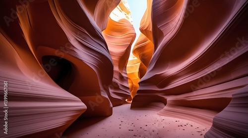 Majestic view of narrow sandstone canyon with flowing curves and vivid shades of orange and purple, showcasing natural erosion and geological beauty
