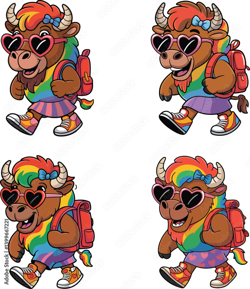 Fototapeta premium Cute and Funny Cartoon Bull Back to School Character Clipart Vector Set