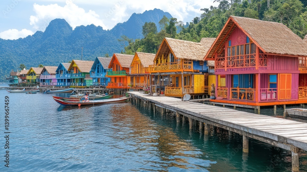 Naklejka premium Colorful Floating Houses on a Tropical Lake
