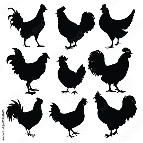 Chicken and Rooster Silhouette Vector Set.