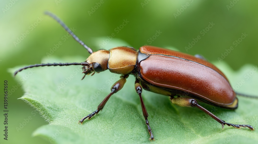 Naklejka premium Brown bug is on a leaf. The bug is brown and has a shiny appearance. It is standing on a green leaf