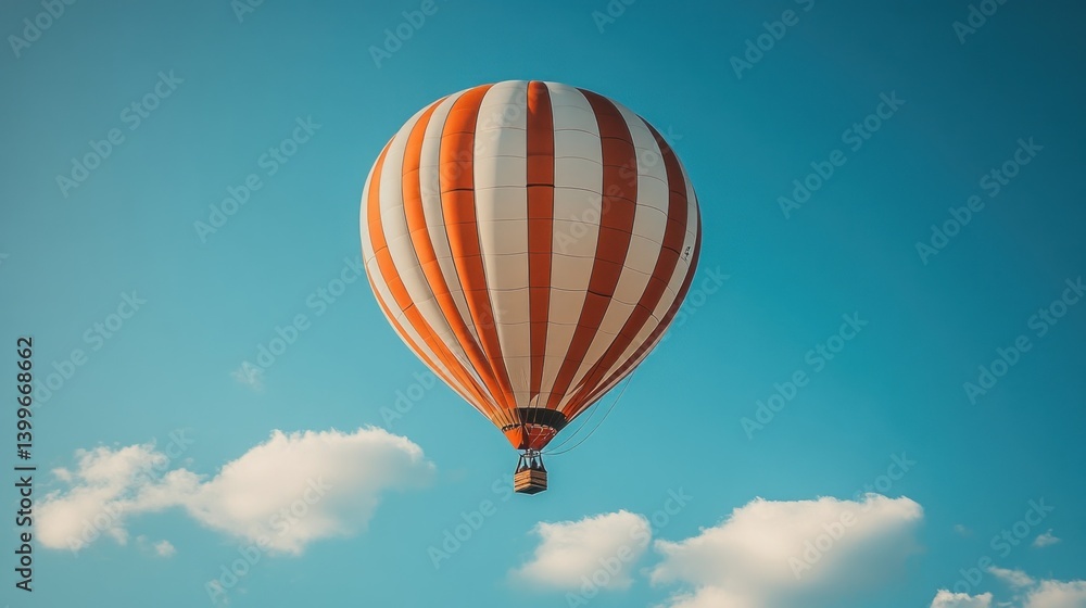 Naklejka premium Colorful hot air balloon soaring high above fluffy clouds in a clear blue sky